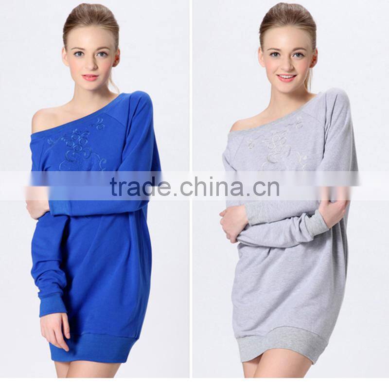 Custom nice embroidered french terry long sleeve casualone shoulder dress fashion for ladies