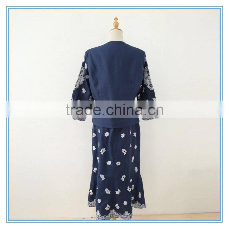 New design 100% ramie/linen embroidery classic women suits with back zipper