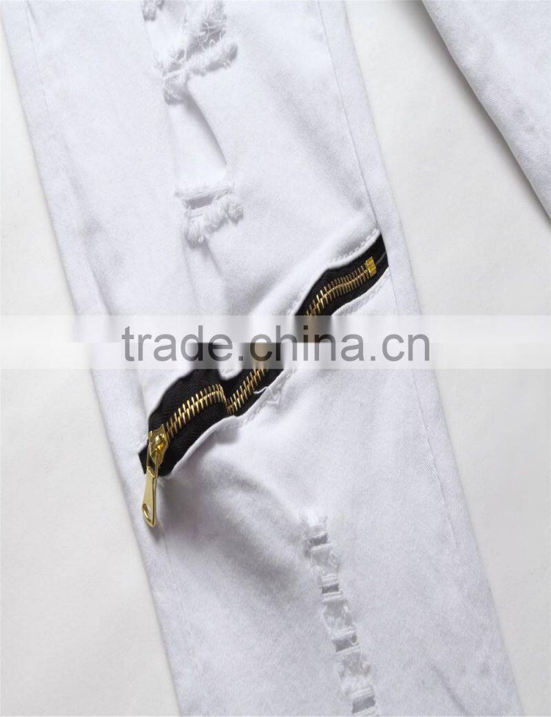 2016 Hot men's fashion men's jeans white jeans hole personality male personality zipper pants beggar