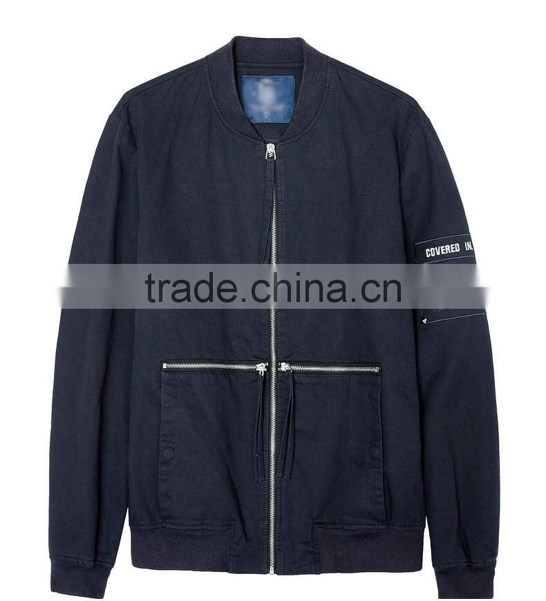 2017 Logo Custom Made Embroidered Patch Bomber Jacket 100% Polyester Black Zipper Pocket jacket