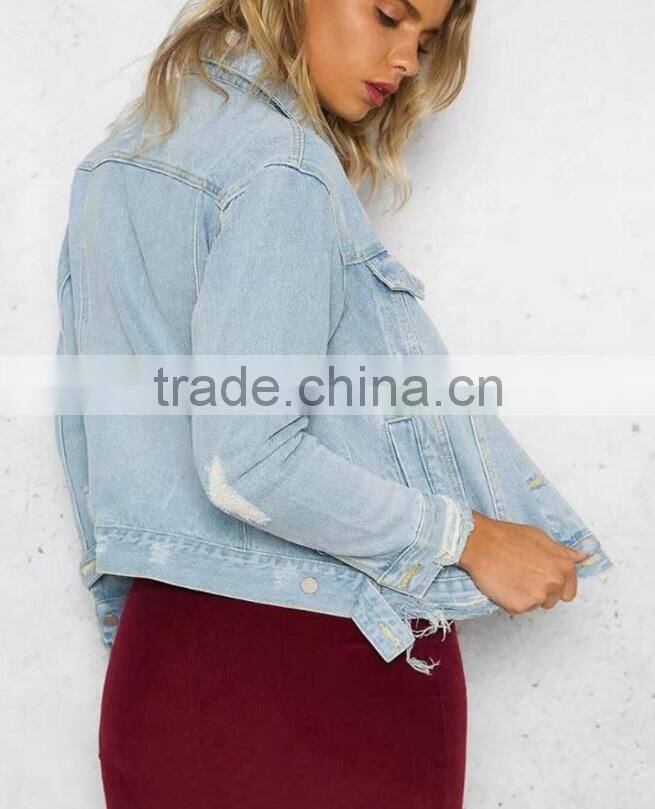 Runwaylover 143 New Style 2017 ladies Fashion Washed Hole Denim Jacket