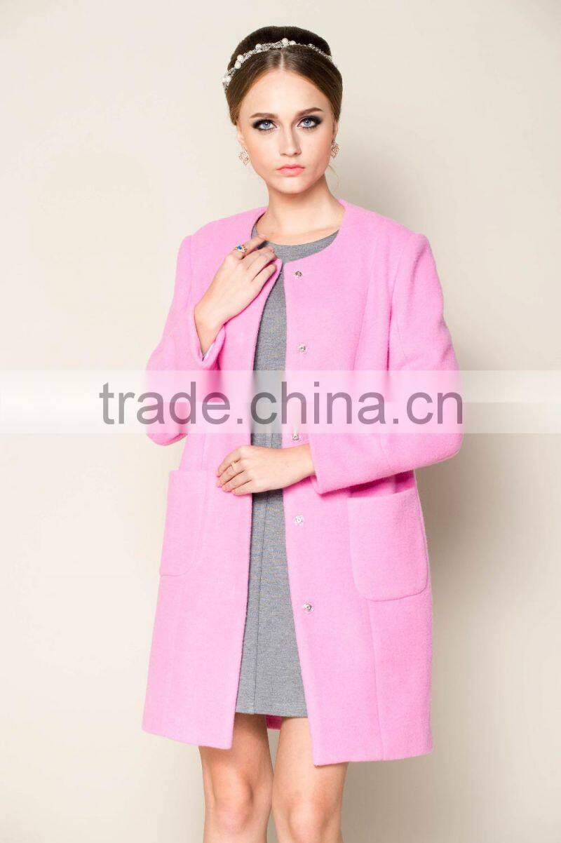 2015 latest fashionable o neck apricot plain style brand name women winter coat