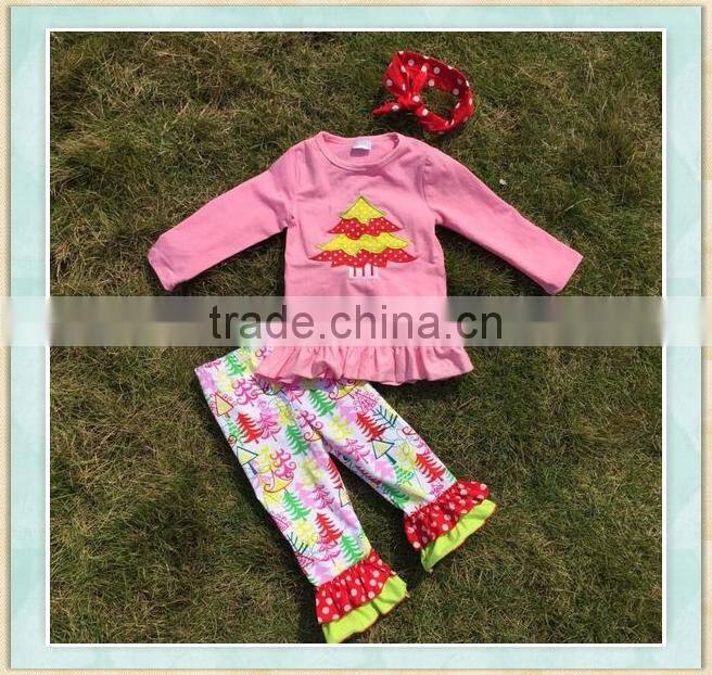 Fashion kids christmas clothes outfits pink top with a christmas tree pattern print pants clothing set product type