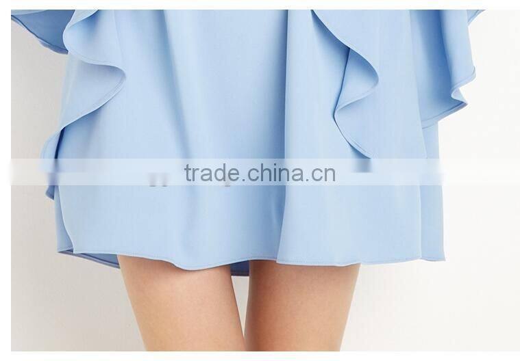 Womens fashion blue sweet OL lotus sleeve loose A-line chiffon elegant dress