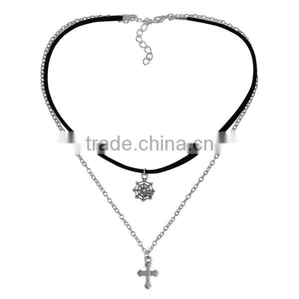 Velvet Suede Double Layer Halloween Choker Necklace Tone & Antique Silver Black Cobweb Cross 33.5cm long