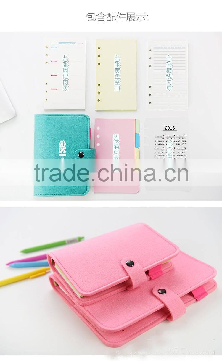 Novel logo custom A5 A6 spiral binding dairy notebook felt cover with pen