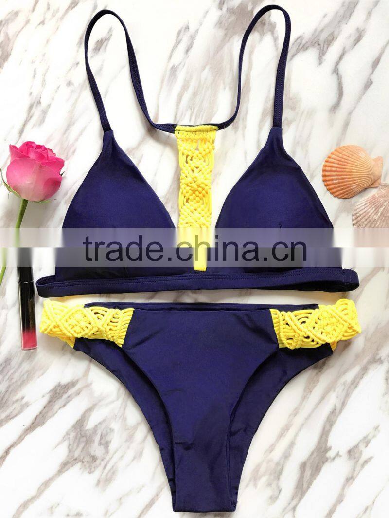hand knitted multi rope swimwear bikini/ yln blue halter bikini swimwear/ fancy bikini set swimwear beachwear