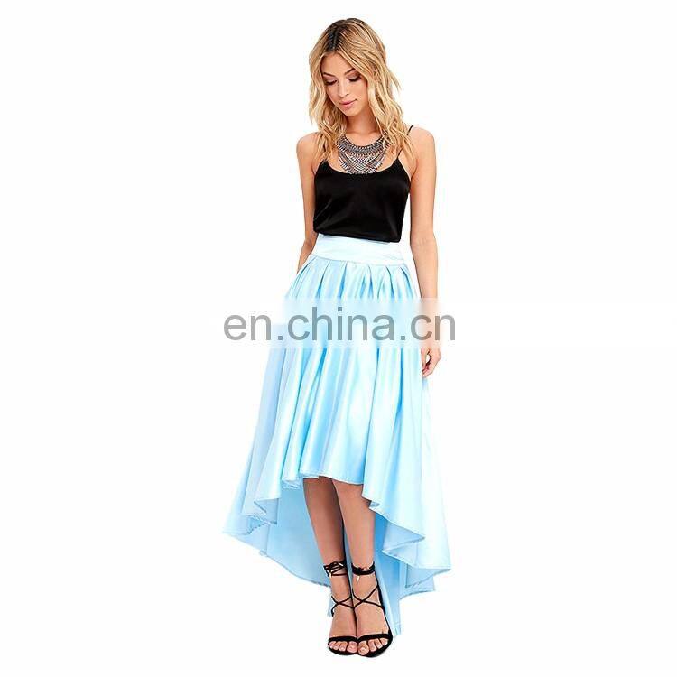2016 Custom New Design Light Blue Satin Lady Skirts High Low Prom Girls Pleated Long Skirt