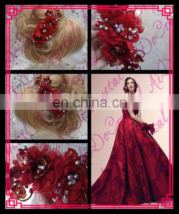 Aidocrystal Red wedding hairpiece hair flower with pearl hair comb