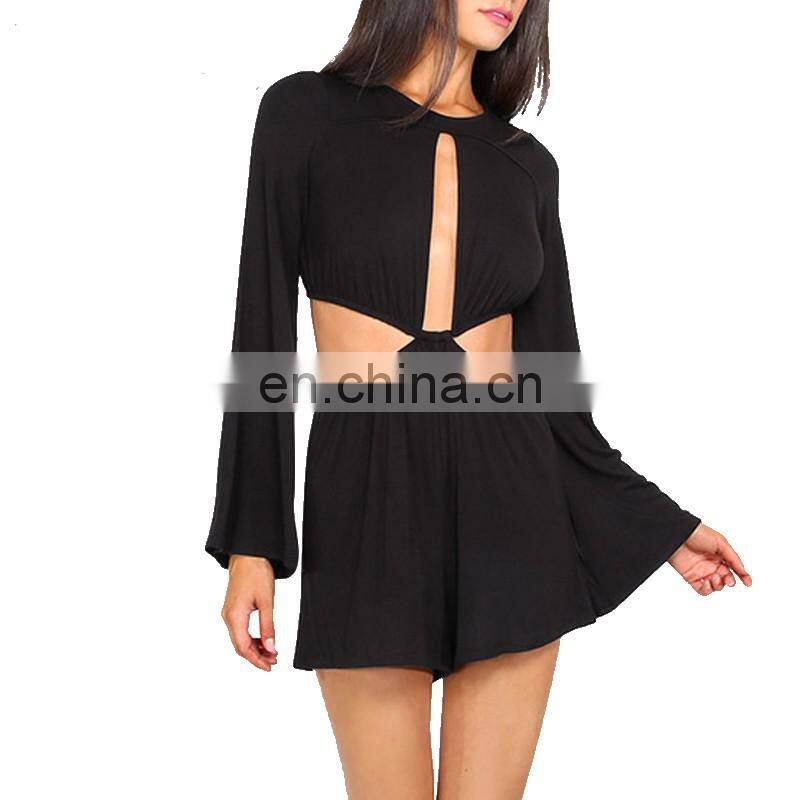 Sexy Cut Out Long Sleeve Crew Neck Short Jumpsuit Club Style Black Romper