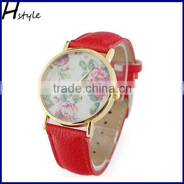 2016 High Quality Fashion Women Floral Quartz Watch Leather Wristwatch WP013