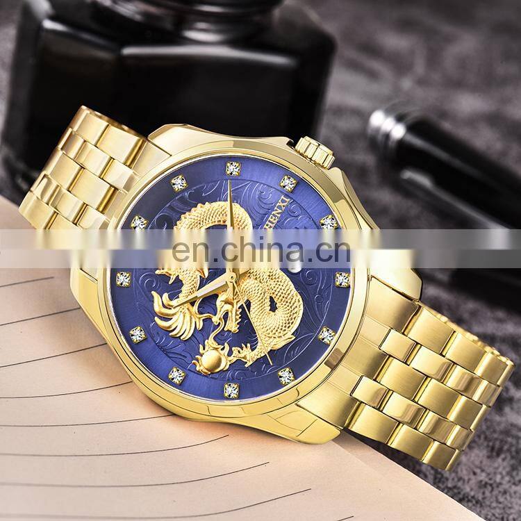 CHENXI 8220 Luxury Diamond Gold Men Watch Quartz Dragon Stainless Steel Analog Display Date Watches