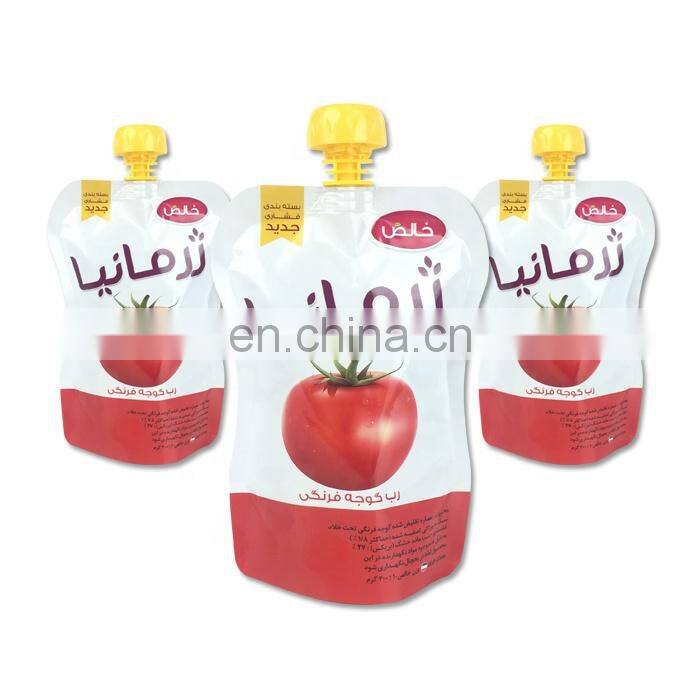 Custom printing tomato ketchup food sachets plastic cap top aluminum foil liquid standing up spout pouch hot sauce packaging bag