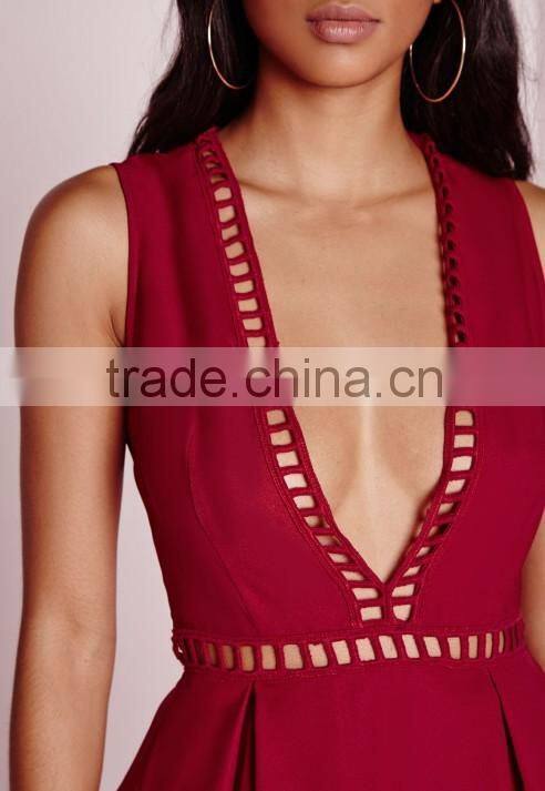 Sexy plunge ladder detail skater dress red