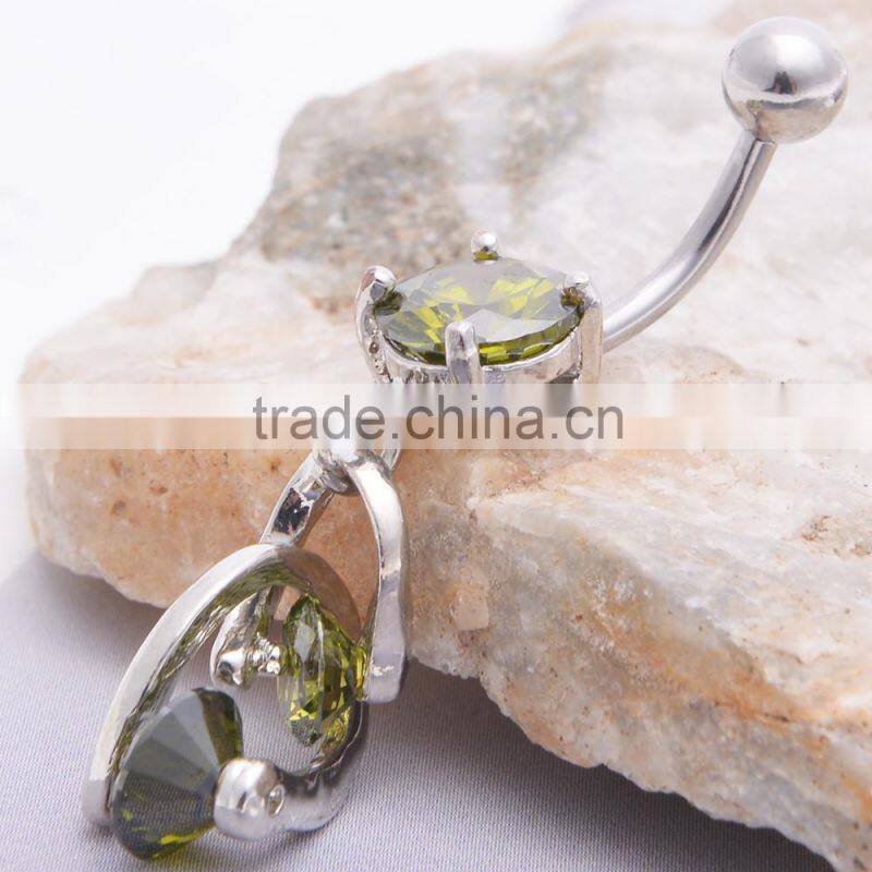 Big Zircon Inlay Dual Hearts lining Dangle Belly Button Naval Ring.
