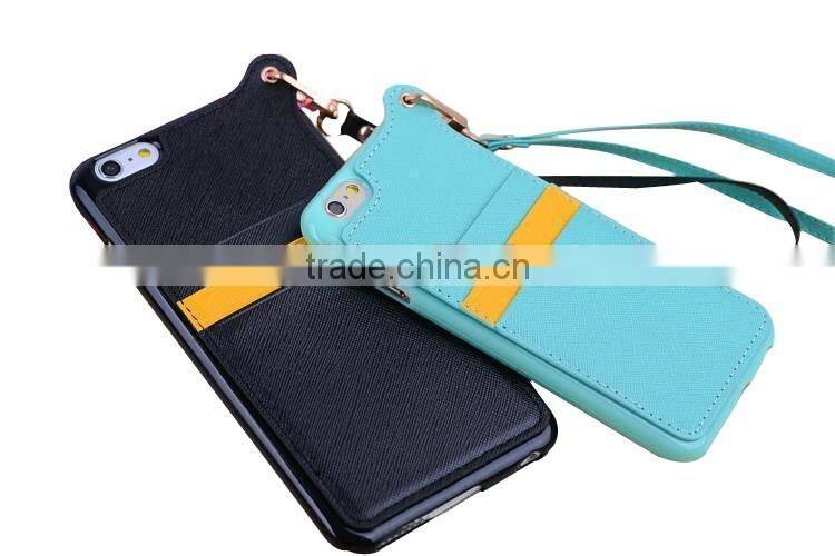 Ultra thin pu skin+tpu dual color cellphone pocket leather case for iphone 6/6s with hand rope