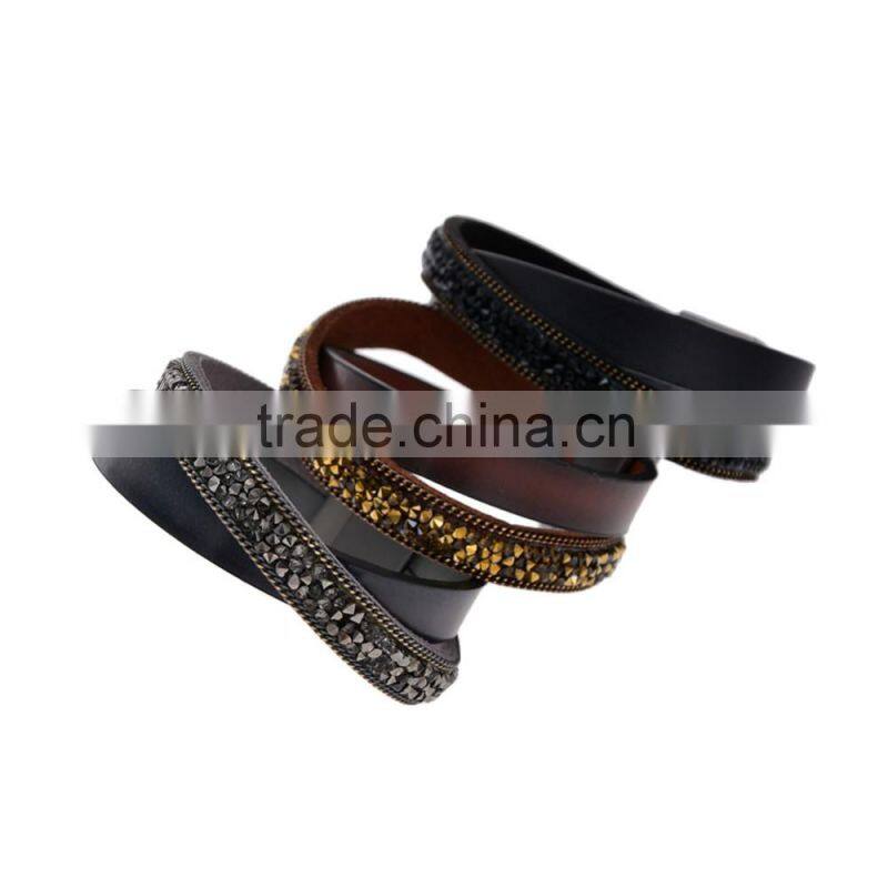50PC Fashion Double Wrap Leather Bracelet Black Brown Crystal Leather Bangle Magnet Clasp