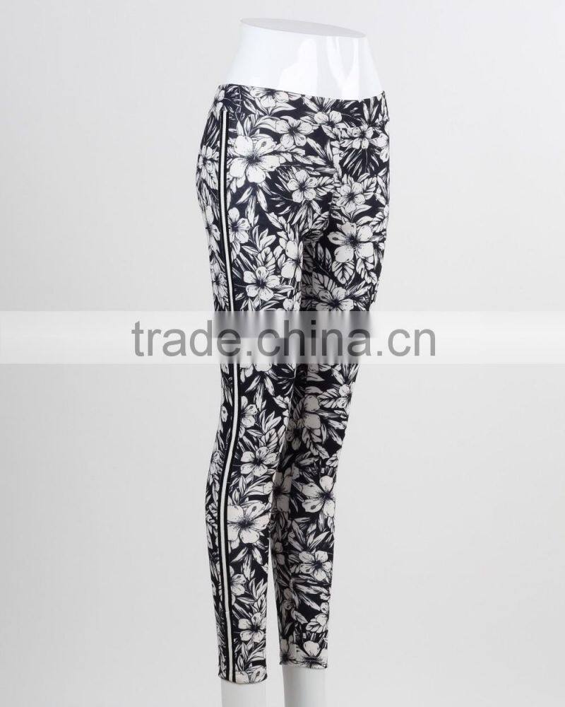 F5W30062 Monochrome Floral Printed Leggings Women Sportwear Pants