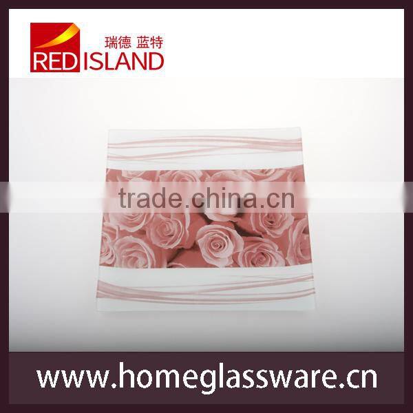 6"-12" square glass plate with rose pattern for decoration
