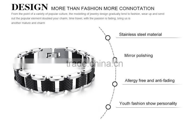 Modern sleek silicone mens bracelet 316L stainless steel motocycle biker bicycle chain link bracelets