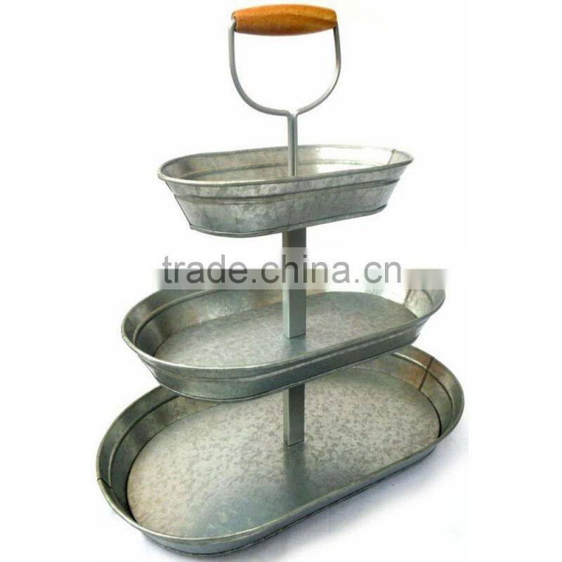 Triple 3 Tier Serveware Steel cake Stand, Collapsible Galvanized Metal with Wood Handle