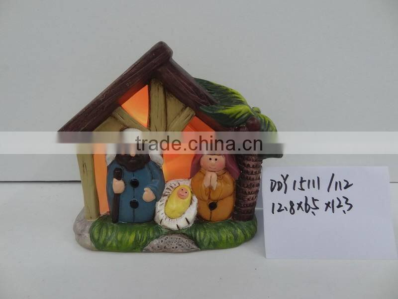 Antique ceramic nativity house scene figurines set with led lights