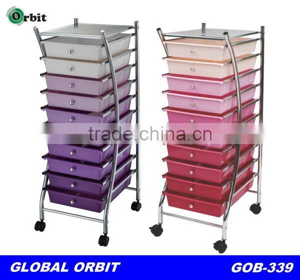 10 tier plastic storage drawer cart, beauty salon rolling trolley cart with wheels