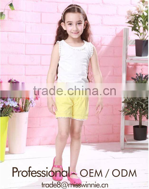 fashion children clothing sets sleeveless cotton white top and yellow cotton short pants for 2-12 years old girls