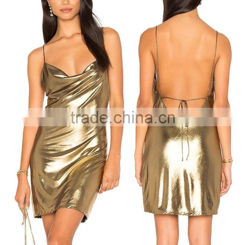 Sexy Glod Necked Women Bodycon Slip Spaghetti Strap Party Dress With Picture HSd5063