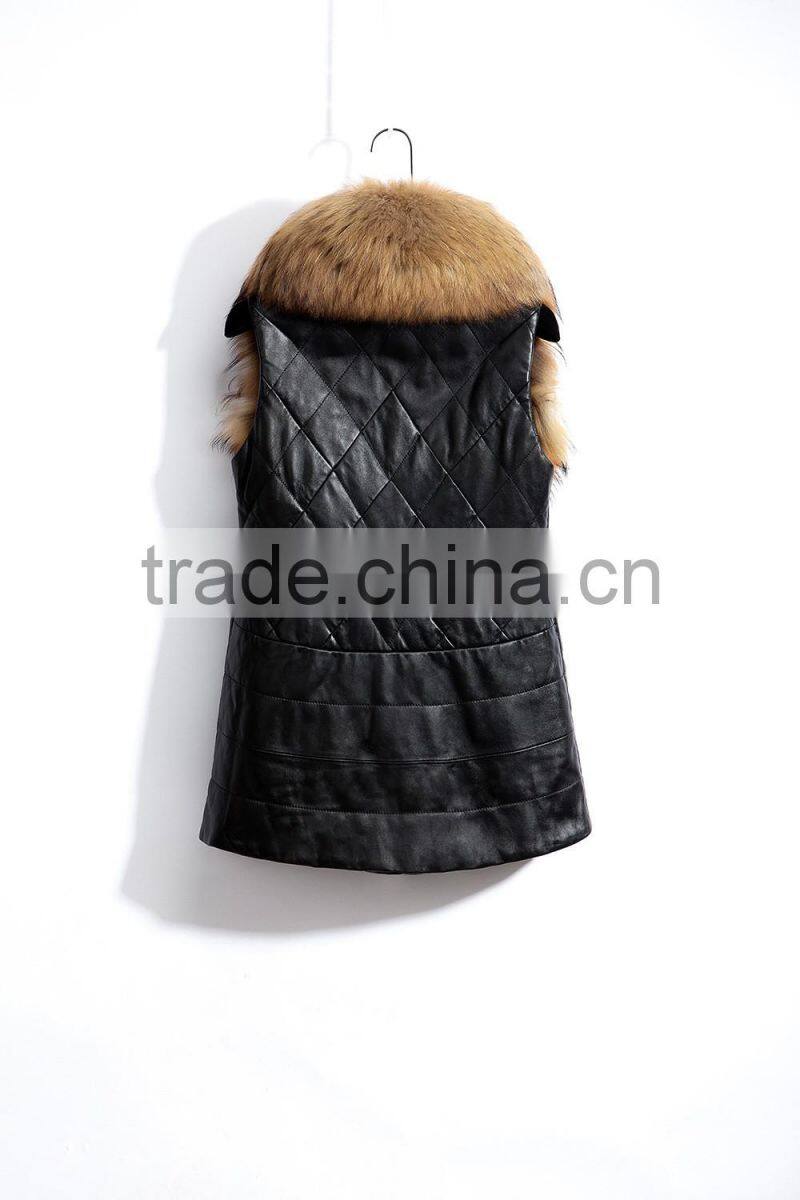 2016 Europe hot sale latest design winter sheep leather with faux fox fur collar vest fashion warm woman vest