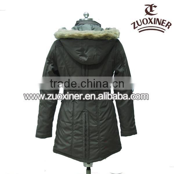 ladies maxi padding cotton coats with fur collar hood