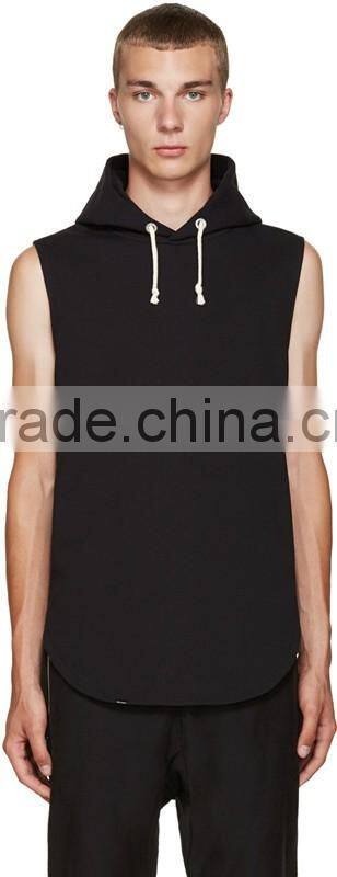 Sleeveless French terry vest hoodie Beige drawstring hood custom Embroidered logo Zipper at sides Shirt-tail hem