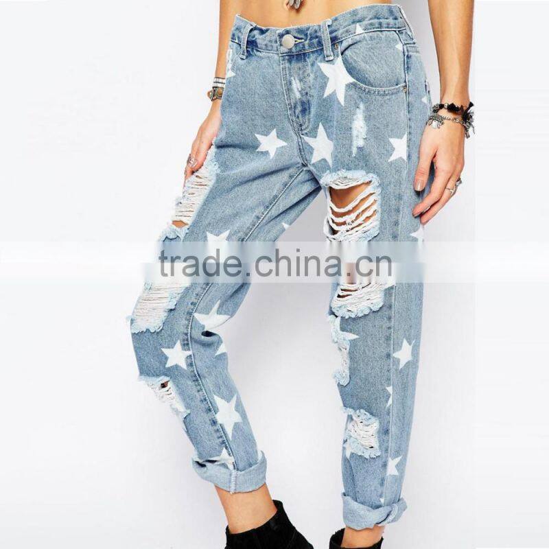 light blue fashion ripped jeans women with star print