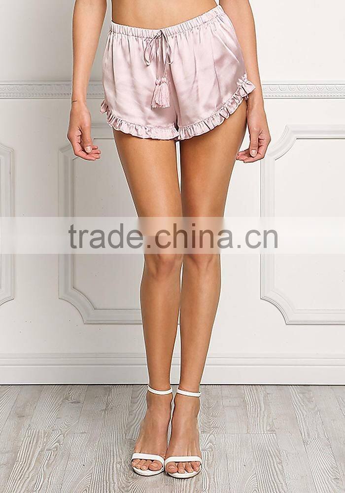MGOO Foshan Manufacturer Satin Ruffle Trim Shorts High Waist Stretch Sleepwear Pink Plain Shorts