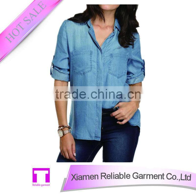 Cotton denim blouse with pocket for women