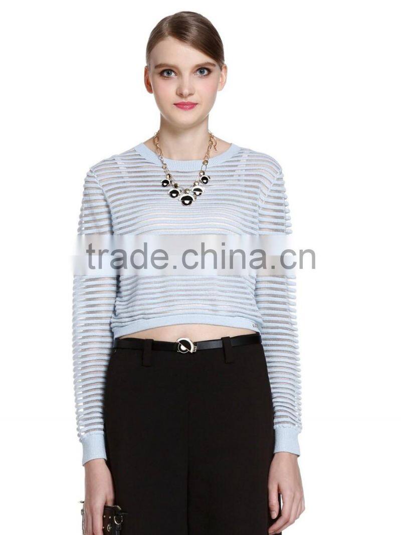 Ladies long sleeve wool kintted striped crewneck sweatshirt/long sleeve t shirt