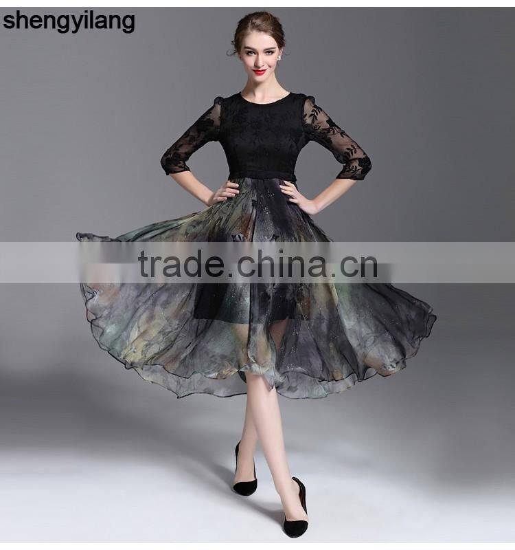 2016 spring summer retro lace silk slim A-line luxury guanzghou dress