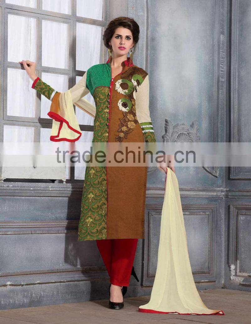 Brown and Green color with embroidery work Blooming Grace Designer Semi Stitch Salwa Kameez