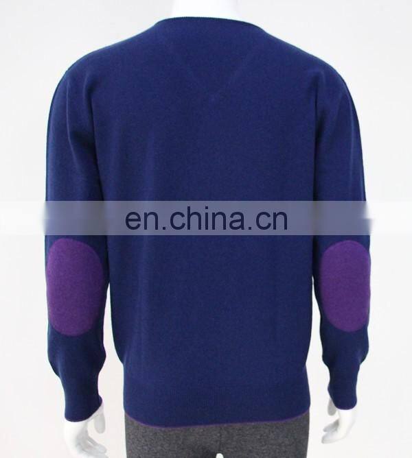 High Quality 12GG casual men's v-neck 100% cashmere sweater with elbow patches