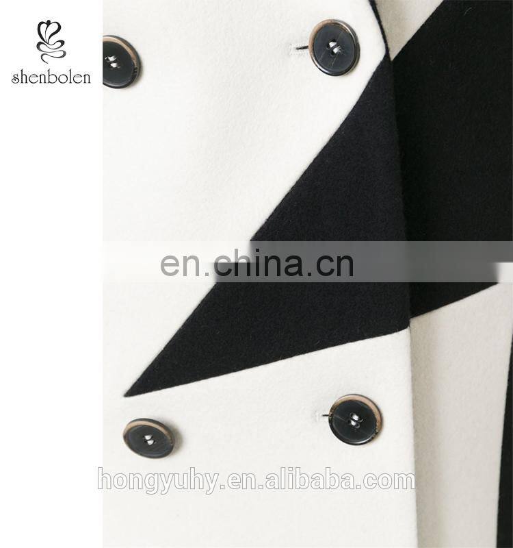 China Clothing Supplier Custom Female Wool Coat Notched Collar with Contrast Star Women's Coat