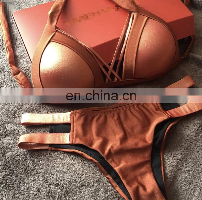 2019 Sexy Bikini Red Swimwear Push Up Swimsuit Women Halter Biquini Padded Bathing Suit Gold Stamping Brazilian Bikini Set Thong