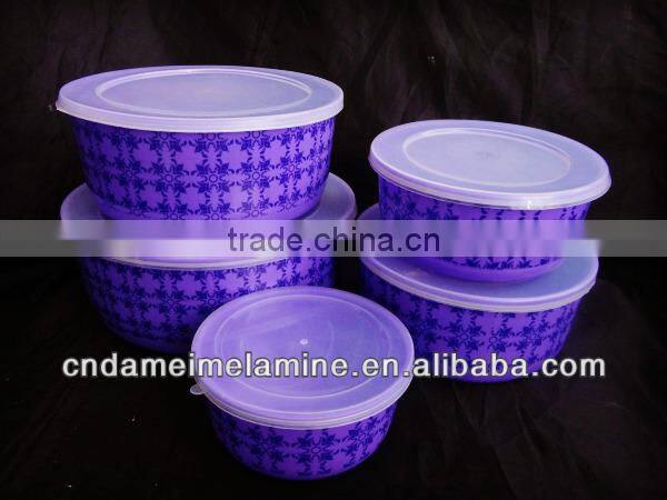 Purple color printed melamine bowl sets with lids