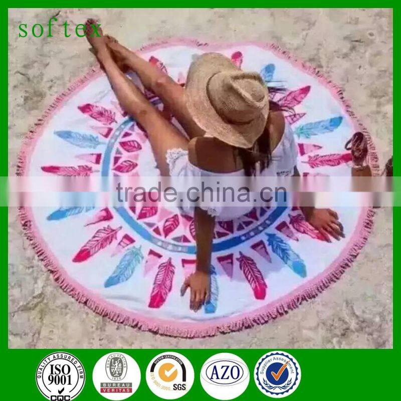 China company wholesale cotton or microfiber printed feather round beach towel