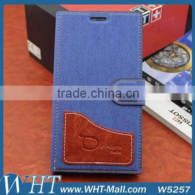 for XiaoMi Mi3 Wallet Stand Cover Folio Jeans Leather Case with Built-in Card Slot Factory Price