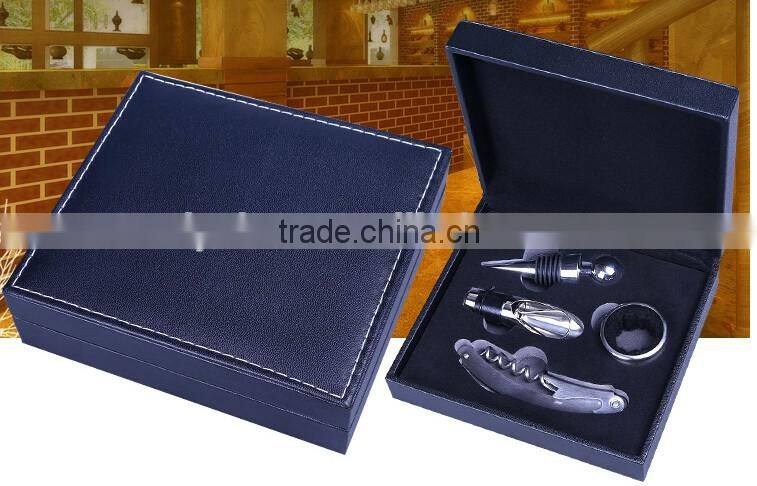 Factory OEM Supply Handmade Wine Tool Set with Leather Box, PU Leather Wine Accessories Gift Set Box