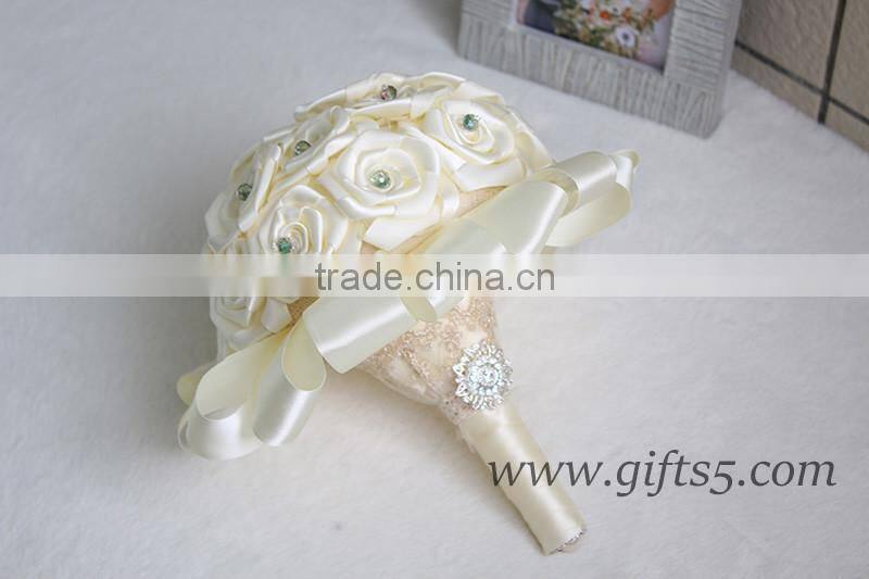 White handmade satin rose wedding bouquet with crystal