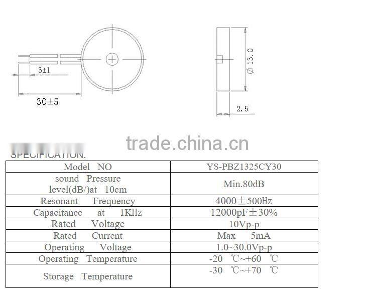 12x3.5 mm piezoelectric max 10V 5mA buzzer China buzzer manufacture