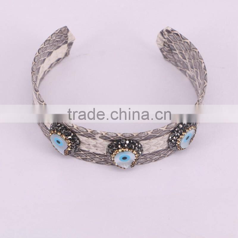 White Snakeskin Bangle with Pave Crystal Evil Eye Shell Bead Leather Width 20mm Cuff Bangles