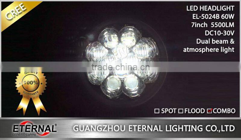 60W round 7inch LED headlight replacement for offroad Jeep Wrangler TJ JK CJ YJ 4x4 vehicles Ford Harley motorcycle