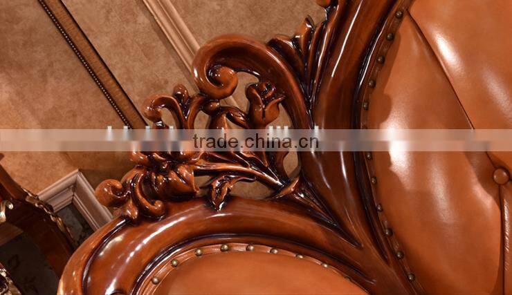 Luxury Chinese style solid wood double hand carving genuine leather sofa set